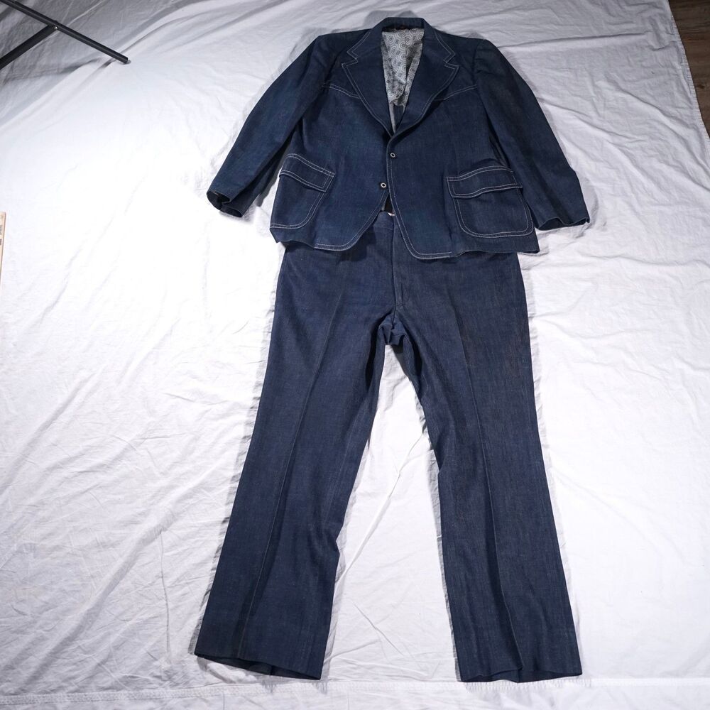Prestige West Denim 2 Piece Suit Vintage Cowboy Western Set Fits 46R 39x32 Rare - Picture 2 of 13